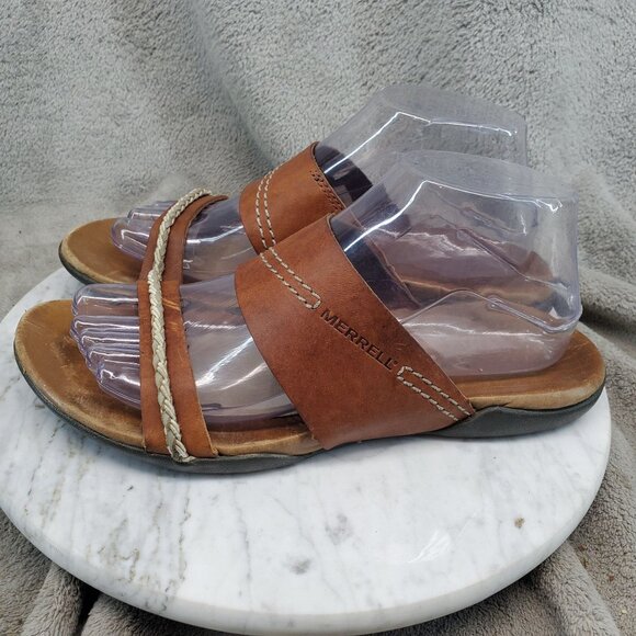Merrell Shoes Womens Size 8 Brown Leather Shundra Slide Sandals - Picture 1 of 10